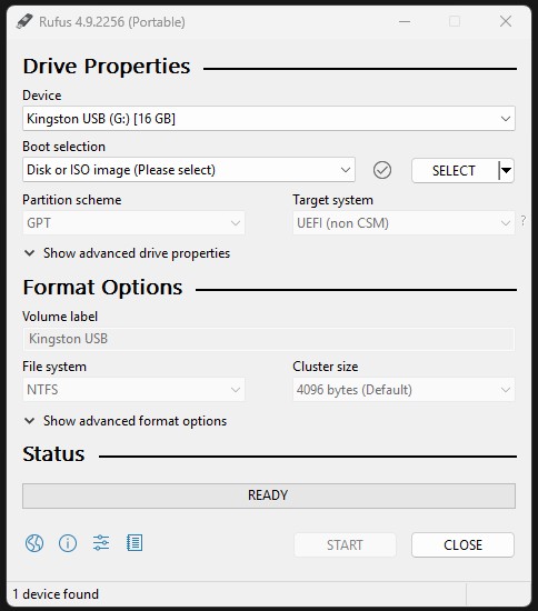 Rufus USB Selected